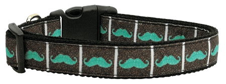 Aqua Moustaches Nylon Dog Collar SM